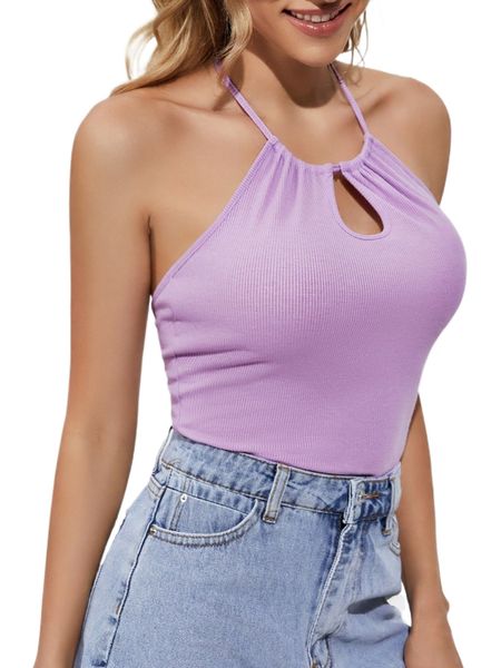 

ribbed knit tie back cutout halter o5me#, White