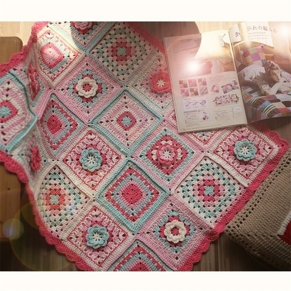 gancio a mano all'uncinetto rosa coperta manuale di divano all'uncinetto in stile vintage Granny Square 50x50cm 201113