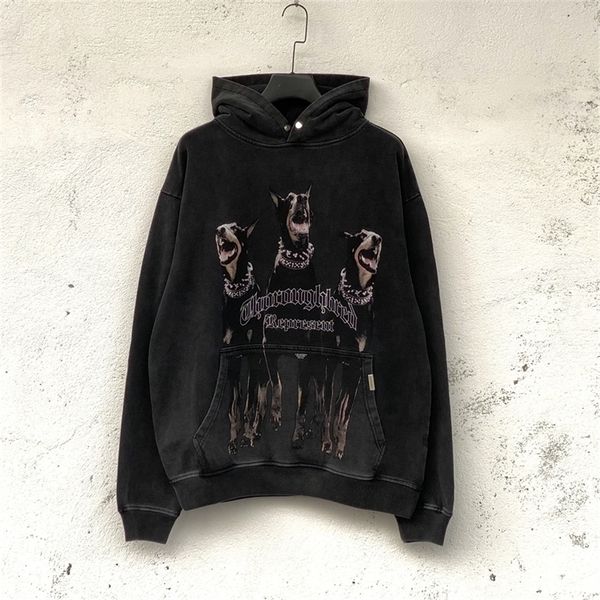 Erkek Hoodies Sweatshirt Retro Yıkalı Sweatshirt Köpek Mektubu Baskılı Cep Kapüşonlu Hip Hop Sokak Giyim Harajuku Vintage Pullover 230206