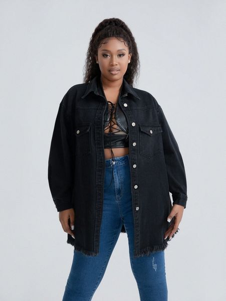 

plus drop shoulder letter pattern flap pocket denim jacket a5tg#, Black;brown