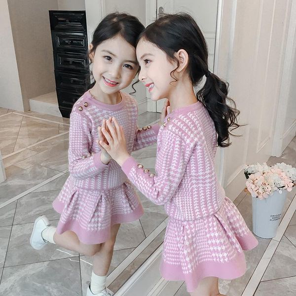 

clothing sets girls spring knitted sweater suit baby kids cute korean pullovers knitwear + pleated skirts 2 pcs children's fall clothes, White