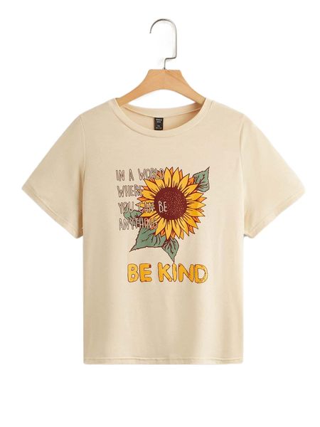 

plus sunflower & slogan graphic tee 7033#, Black