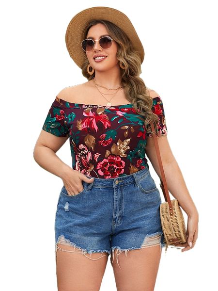 

plus floral print off the shoulder tee i6p7#, Black