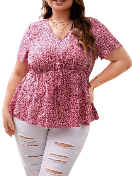 

plus knot front ditsy floral peplum blouse k3rk#, Black