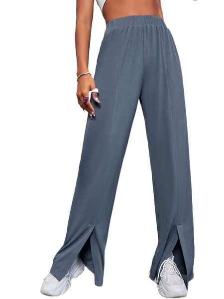 

solid rib knit split hem pants m9mh#, Black;white