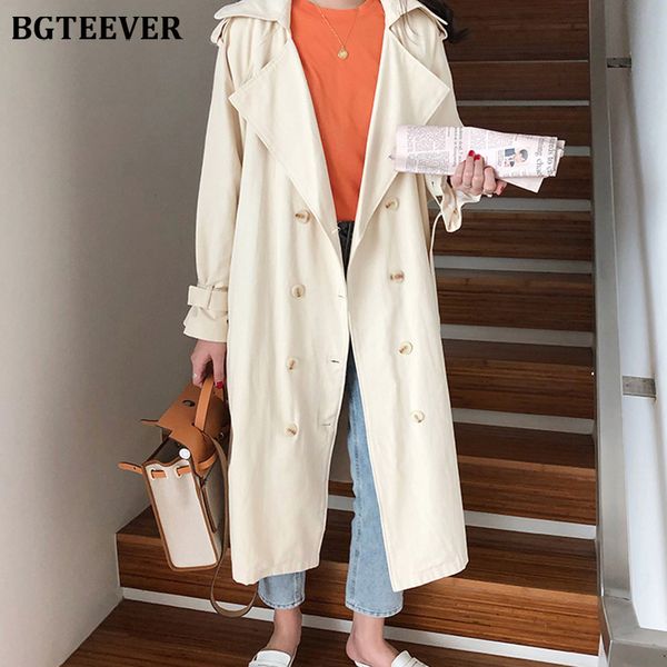 

casual ladies double breasted trench coat women belted long loose female windbreaker all-match overcoat winter 2022, Tan;black