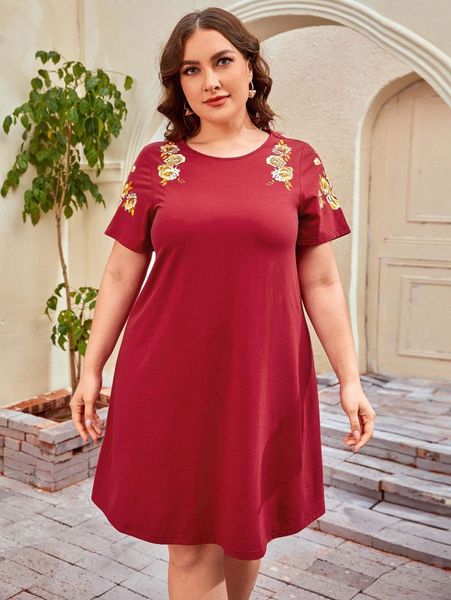 

plus floral print round neck dress n4e2#, Black