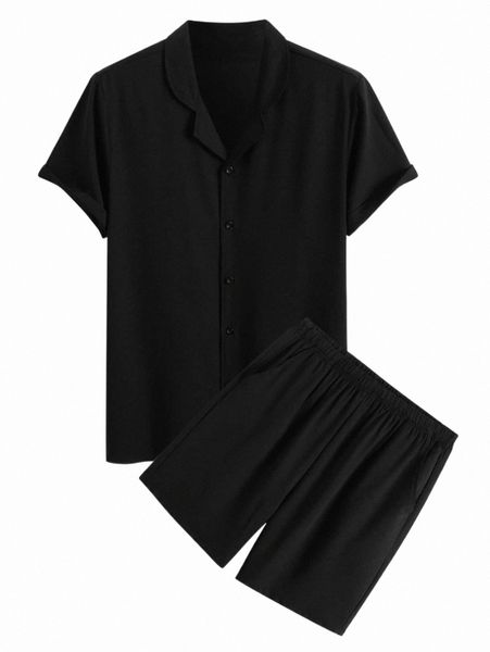 

men solid button up shirt & shorts s2p2#, Gray