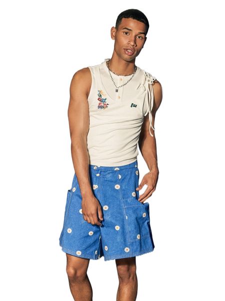 

x 8igb men floral embroidery button half placket tank c79e#, White;black