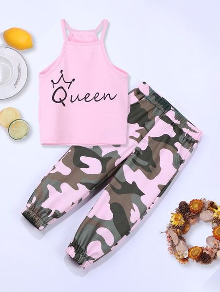 

toddler girls letter graphic cami with camo pants she, White