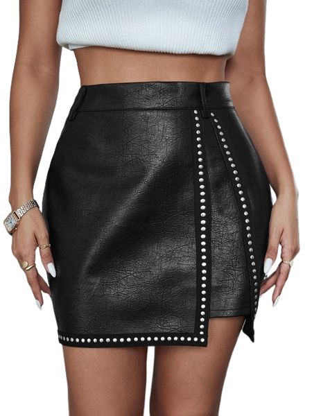 

studded detail pu leather skirt f2pb#, Black