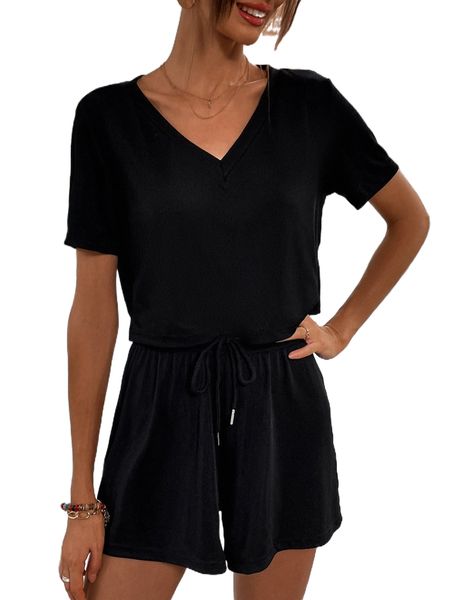 

v neck tee & drawstring waist shorts x8ku#, White