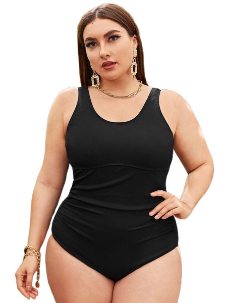 

plus rib ruched one piece swimsuit l3op#, White;black