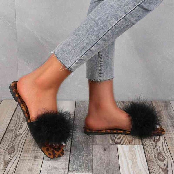 

women summer slippers fashion furry woman shoes large size flat flip flops 2022 casual home sandals indoor non-slip slides mules y220412, Black
