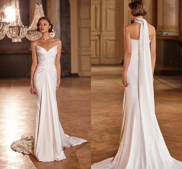 Abiti da sposa a sirena da spiaggia in chiffon con macchie morbide con sciarpa 2022 Corsetto con lacci Sweethear Giardino all'aperto Abito da sposa Boho Greek Grace