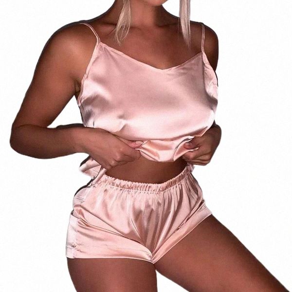 

women's sleepwear pijamas women pajama set soft home suit solid v neck sleeveless and shorts femme plus size loose h46j#, Black;red