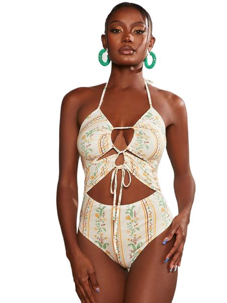 

floral print cut out tie back halter bodysuit 44kf#, White