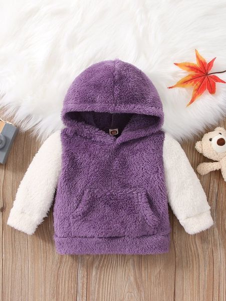 

baby contrast sleeve teddy hoodie she, Black