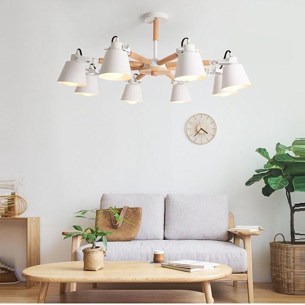 Люстры Creative Simple 3/6/8 Heads Solid Wood LED Chandelier Lamps For Living Room Bedroom Bar White Black Потолочное освещениеChandeliers