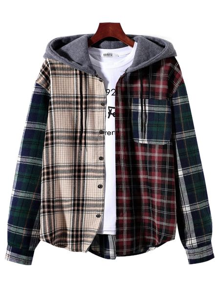 

men tartan patched pocket drawstring hooded shirt without tee w2qw#, White;black