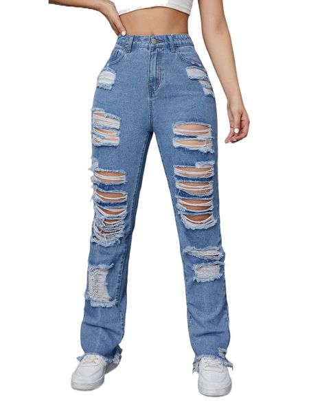 

ripped slant pocket raw hem jeans q5v4#, Blue