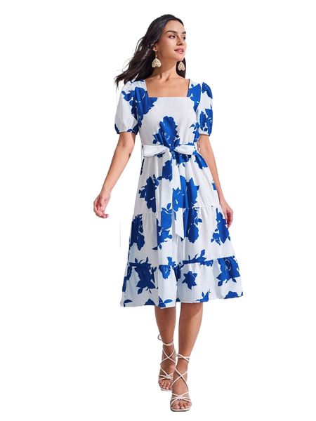 

plants square neck ruffle hem belted dress h7df#, Black;gray