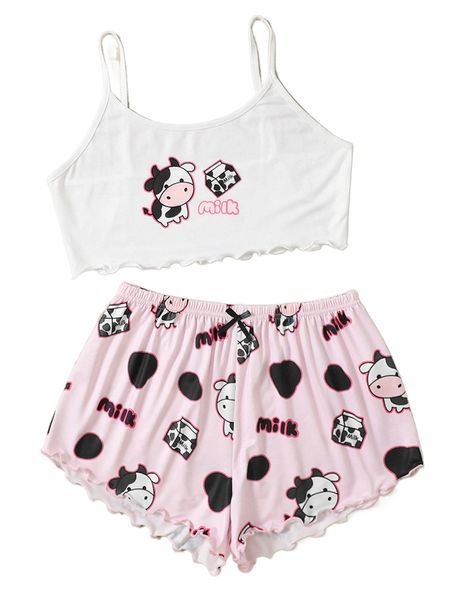 

cartoon & letter print lettuce trim pajama set p18o#, Black;red