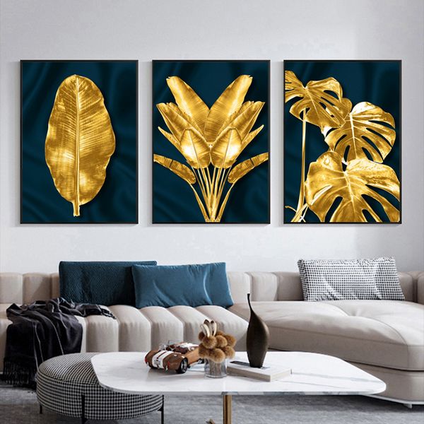 Abstrakte goldene blaue Pflanze Blätter Bild Wandposter Moderner Stil Leinwanddruck Malerei Kunst Gang Wohnzimmer einzigartige Dekoration