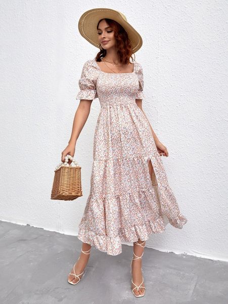 

ditsy floral puff sleeve shirred slit thigh ruffle hem dress e14l#, Black;gray