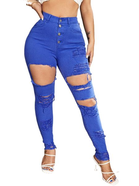 

sxy high waisted button fly ripped skinny jeans 07gy#, Blue