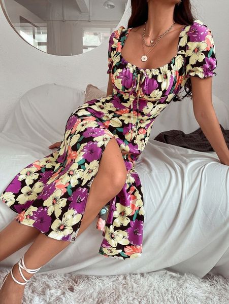 

all over floral print split thigh a-line dress m8dt#, Black;gray