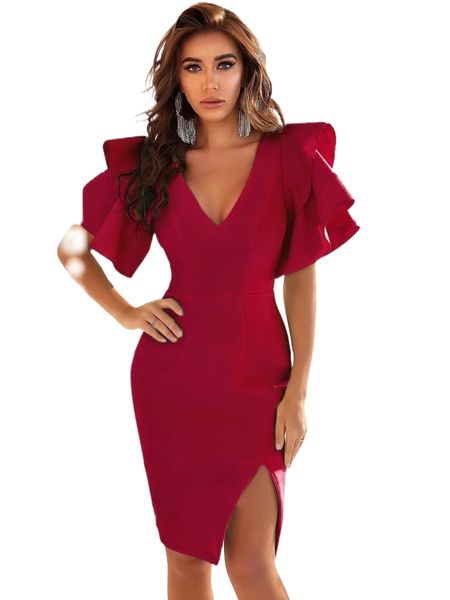 

butterfly sleeve split thigh dress f6f9#, Black;gray