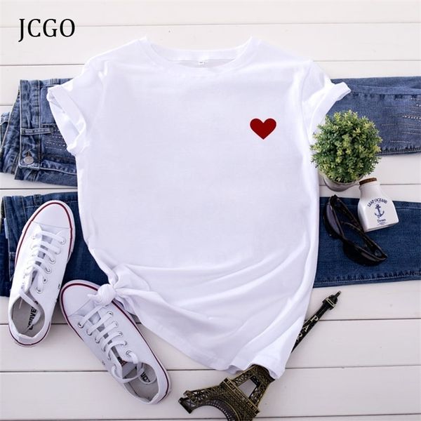 JCGO Estate Cotone Donna Cuore Stampa T Shirt S-5XL Plus Size Manica Corta Magliette Top Casual Semplice O-Collo Femminile Magliette 220328