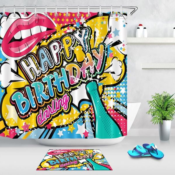 Duschvorhänge, lustiger Geburtstag, Graffiti-Vorhang mit Matten-Set, Anime-Badezimmer, extra lang, wasserdichter Polyesterstoff für Kinder, Badewanne, Dekor