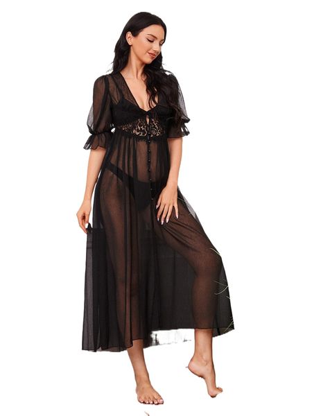 

contrast lace flounce sleeve chiffon night dress without lingerie q2mj#, Black;red