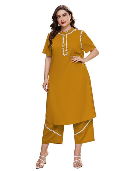 

plus appliques split hem tunic & pants 54tb#, Black