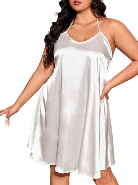 

plus solid backless halter neck satin dress x0lb#, Black