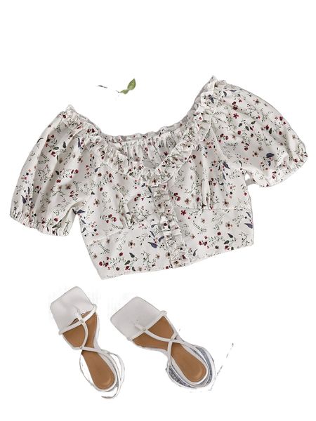

floral puff sleeve frill trim blouse o27z#, White