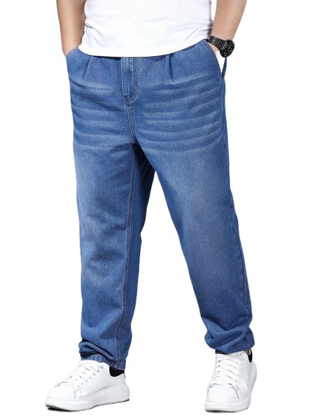 

extended sizes men slant pocket straight leg jeans h617#, Blue