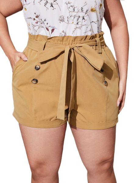 

plus paperbag waist button detail belted shorts 78aw#, Black