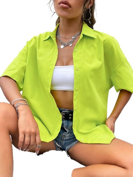 

neon green drop shoulder blouse l03f#, White