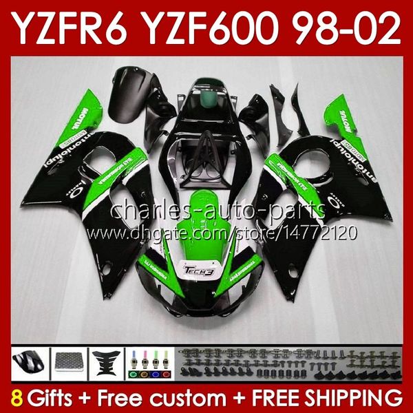 Kit corpo per YAMAHA YZF R6 R 6 98-02 YZFR6 98 99 00 01 02 Carrozzeria 145No.109 YZF 600 CC YZF-600 Telaio YZF-R6 YZF600 600CC 1998 1999 2000 2001 2002 Carene ABS verde stock blk