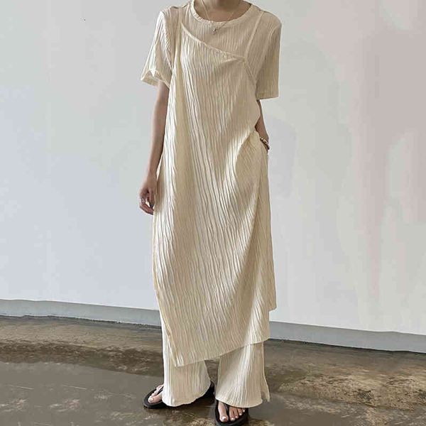 

women's two piece pants [ewq] summer casual trendy women o neck fake two-piece split short-sleeved fashion high-waist trousers set 16e1, White