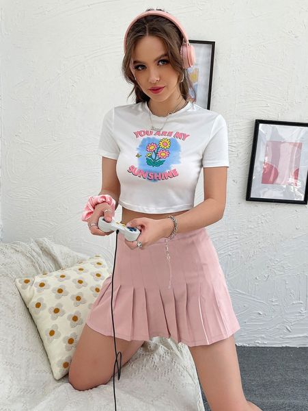 

floral & slogan graphic crop tee t6pl#, White