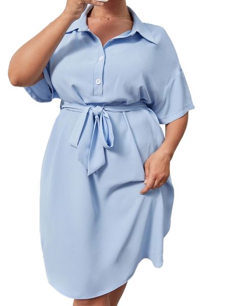 

plus solid button front belted dress u79a#, Black