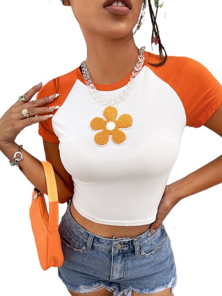 

anime floral patch detail contrast raglan sleeve crop tee q1jn#, White
