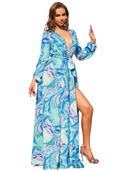 

marble frill trim split thigh belted dress v0oc#, Black;gray