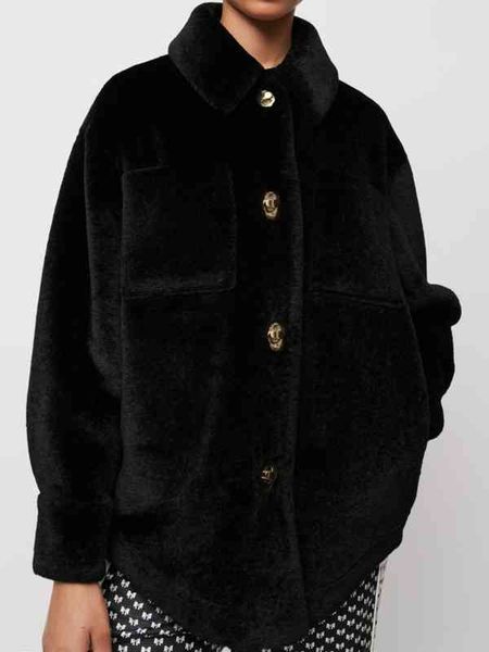 

women's fur & faux maj french elegant lapel short jacket winter silhouette double faced warm plush coat woman t02q, Black