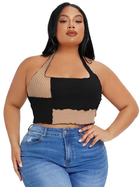 

sxy plus colorblock lettuce trim backless halter e1hv#, Black