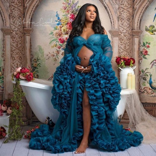 

2022 blue prom dresses ruffles sheer nightgown robes tiered long sleeve party wear women's maternity evening dress, Black